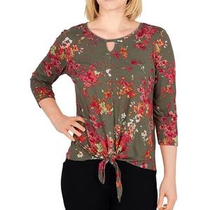 🆕 Ruby Rd. Petite Size Knit Floral Print Round Neck 3/4 Sleeve Tie Front Top